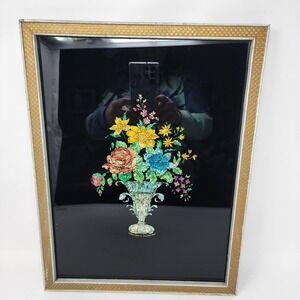 Reverse Glass Foil Floral Bouquet Vase Painting‎ Signed Virginia A. Allen 61 VTG